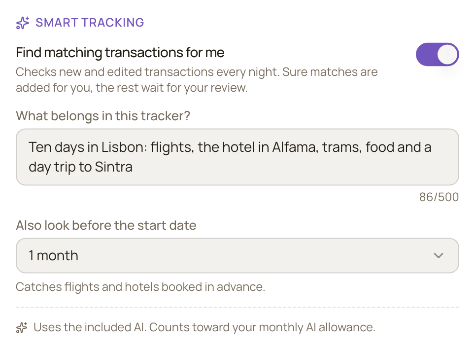 The Smart tracking section of the tracker form, with Find matching transactions for me switched on, a description of the trip filled in, and Also look before the start date set to 1 month.