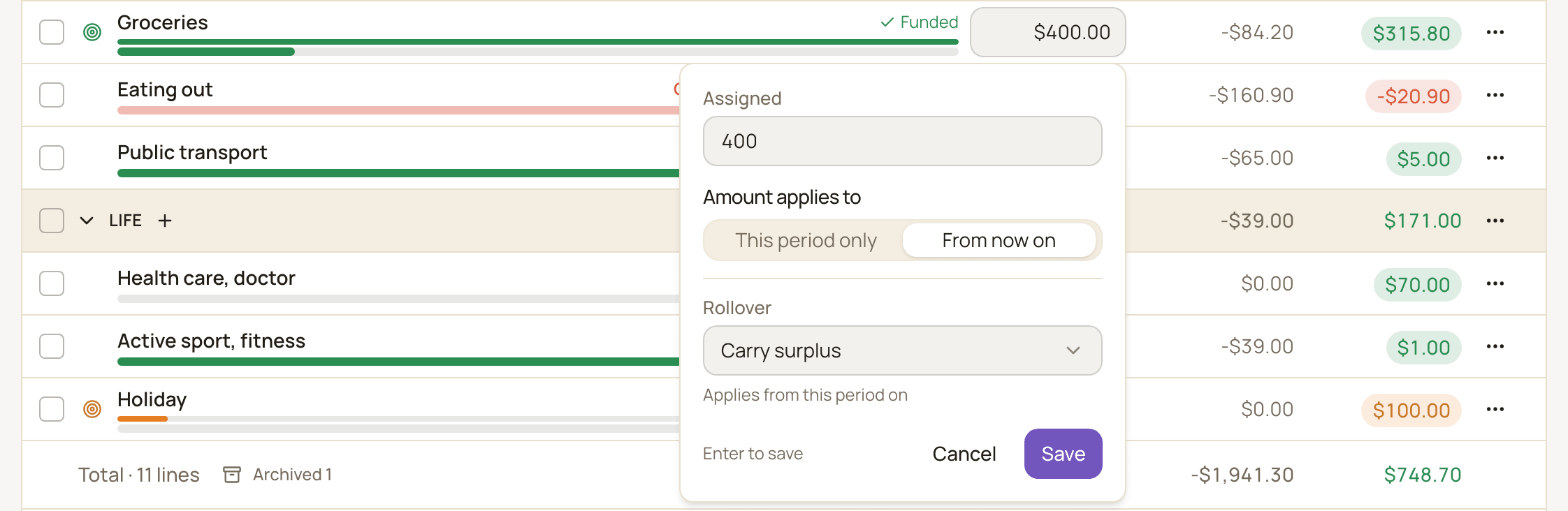 The assign window for a Groceries line with 400 entered under Assigned, From now on selected under Amount applies to, and the Rollover rule below with the hint Applies from this period on.